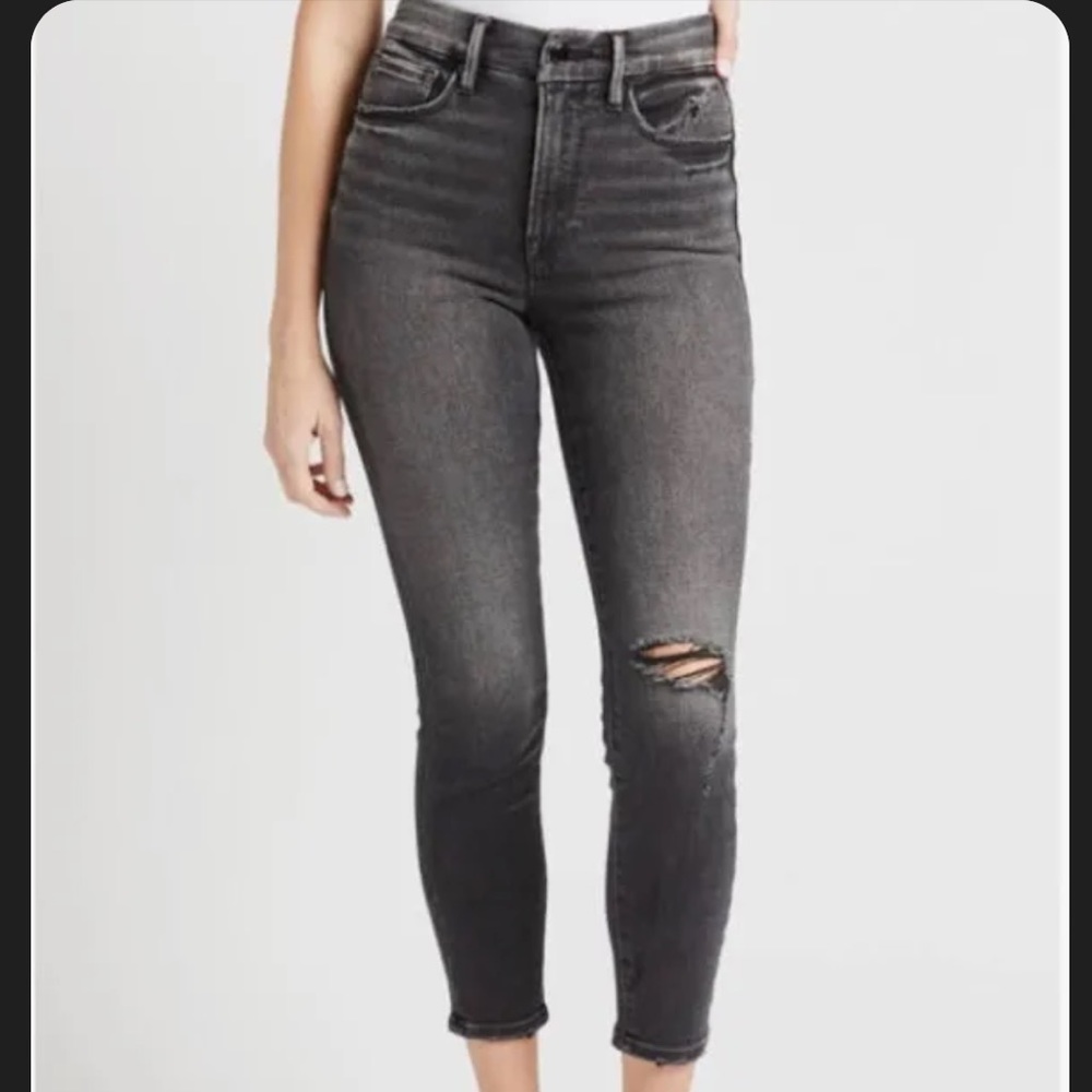 Good American High Rise Distressed Skinny Jeans in Washed Black